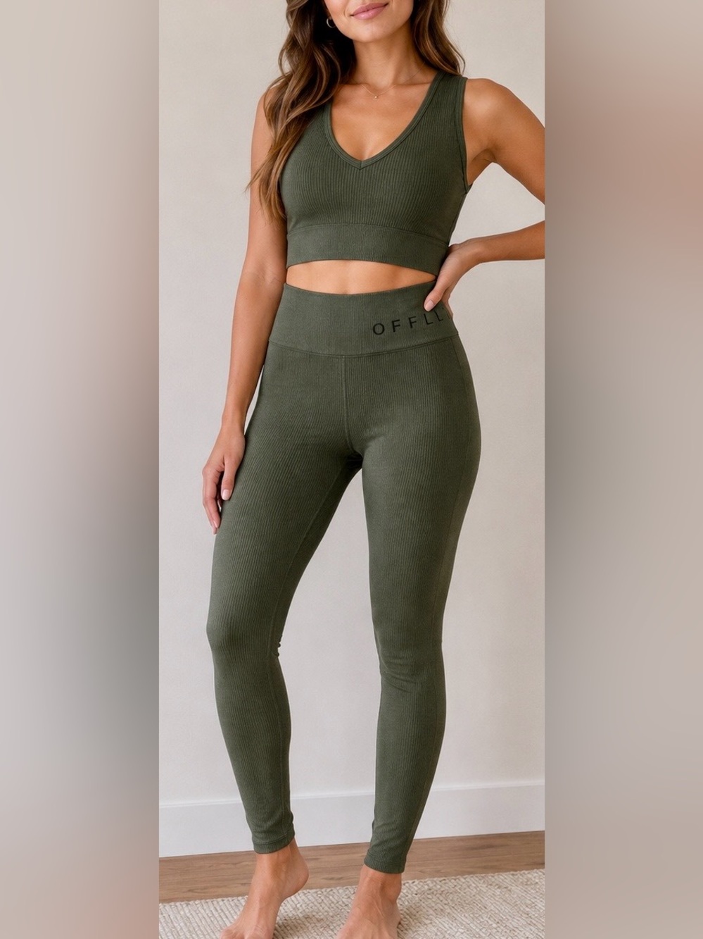 Aerie OFFLINE Ribbed Matching Activewear Set Olive Green Sports Bra & Leggings M